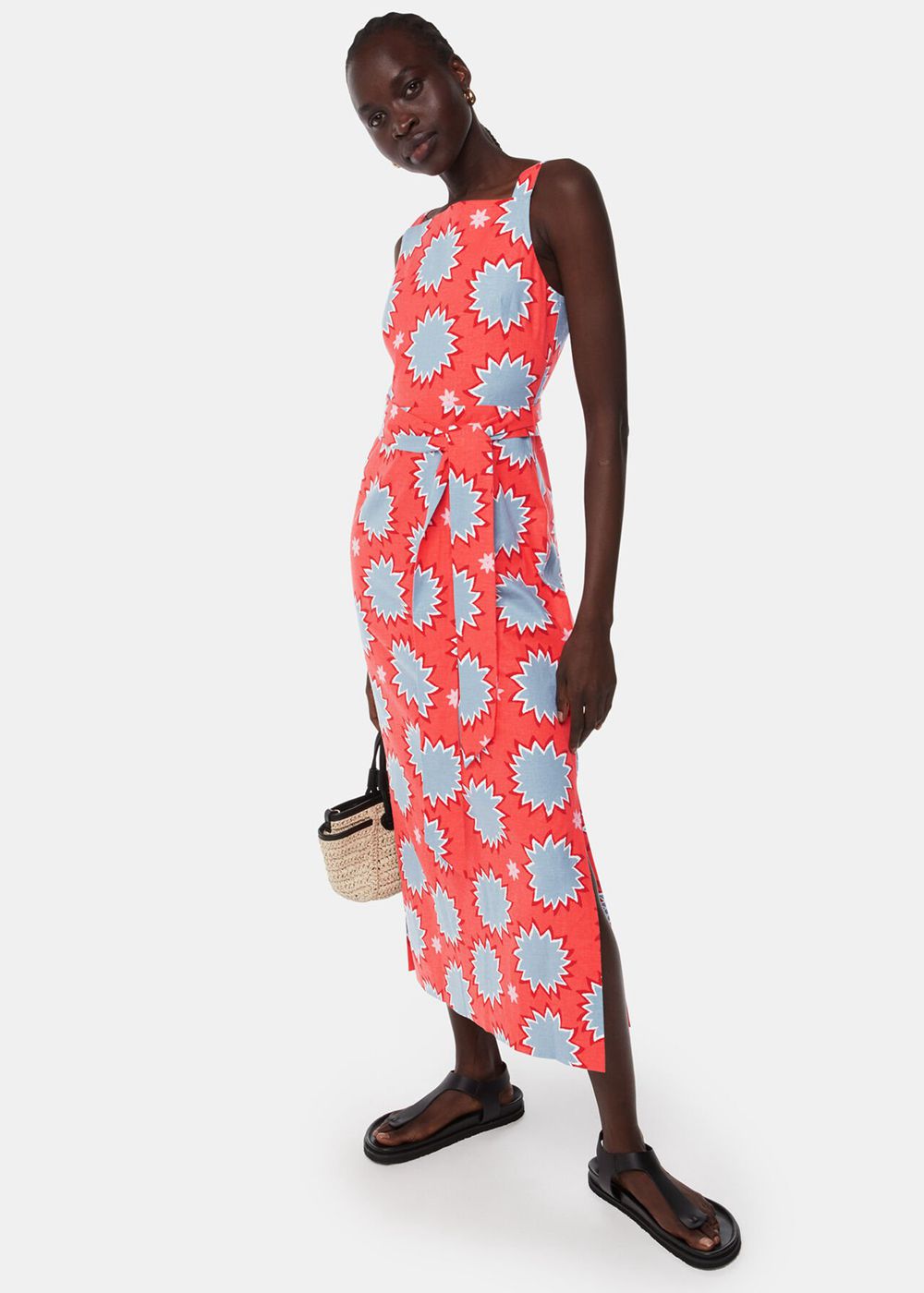 Whistles Sunburst Linen Blend Dress Coral / Multicolor | US-46325DLTV